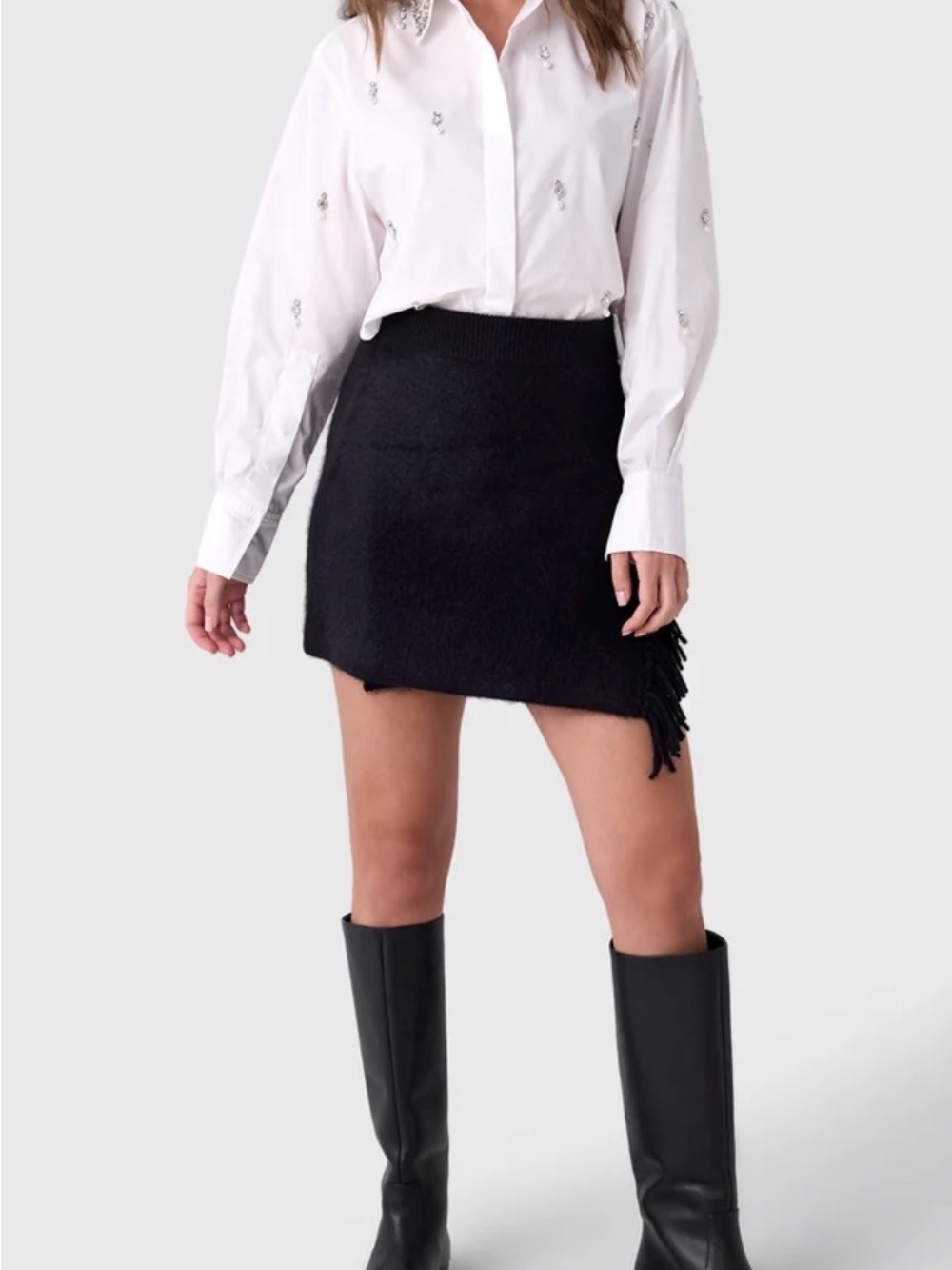 White + Warren Black Fringed Mini Skirt